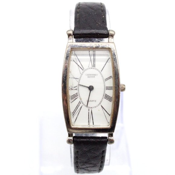 Geoffrey Beene Watch Women SIlver Tone Stainless Steel Black Leather Band Quartz - Picture 1 of 9